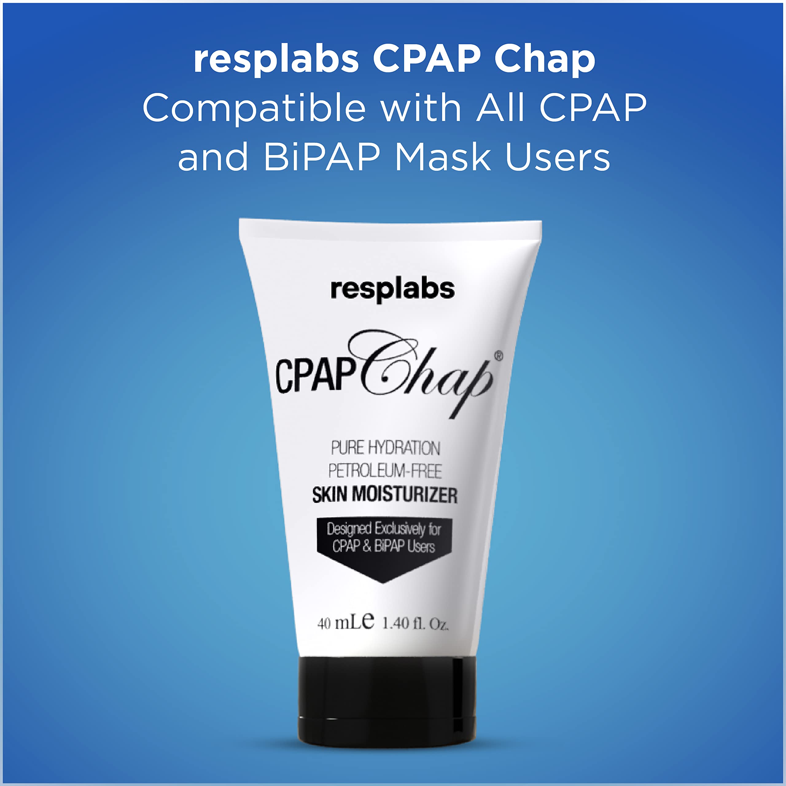 RespLabs cpapchap next to travel items for scale, emphasizes compact 1.4 fl oz portability