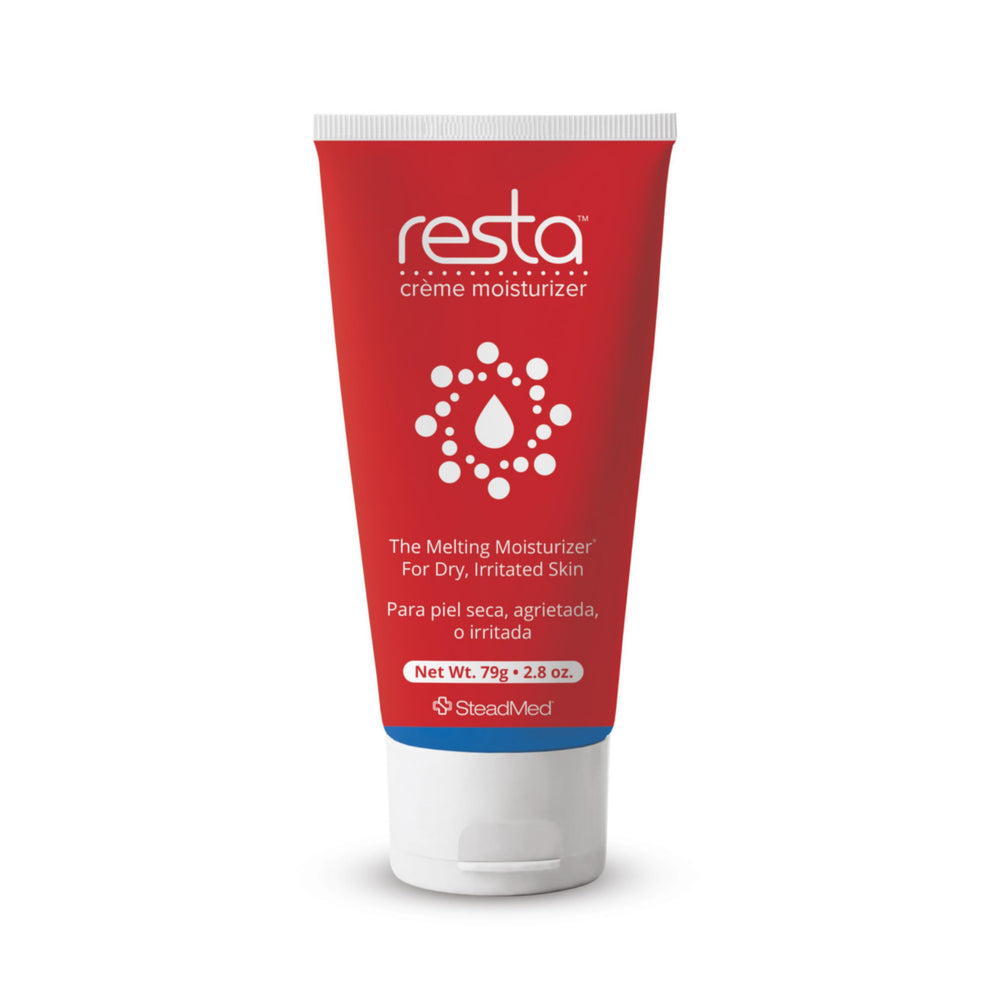 Resta front view of 2.8 oz unscented cream tube showing packaging and brand benefits