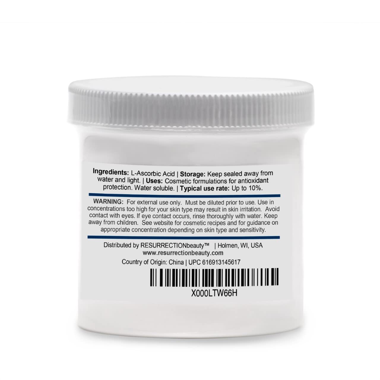 RESURRECTIONbeauty ingredient label close-up, verifies 100% L‑Ascorbic Acid purity benefit