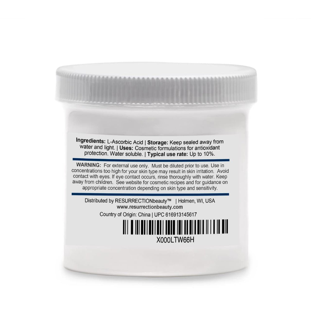 RESURRECTIONbeauty ingredient label close-up, verifies 100% L‑Ascorbic Acid purity benefit