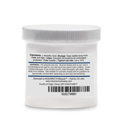 RESURRECTIONbeauty ingredient label close-up, verifies 100% L‑Ascorbic Acid purity benefit