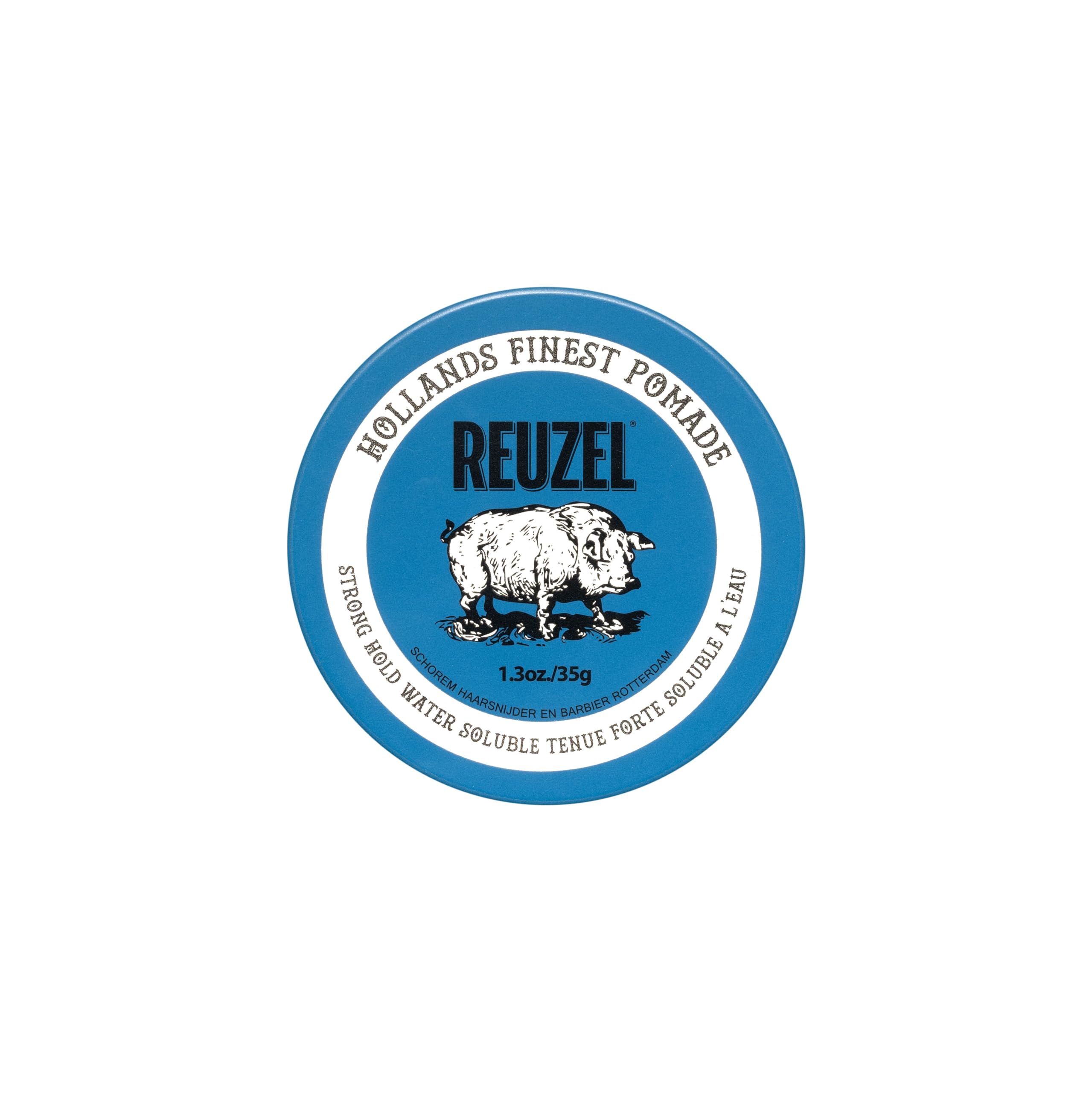 REUZEL Blue Pomade tin front showing label and easy-to-open lid for quick styling