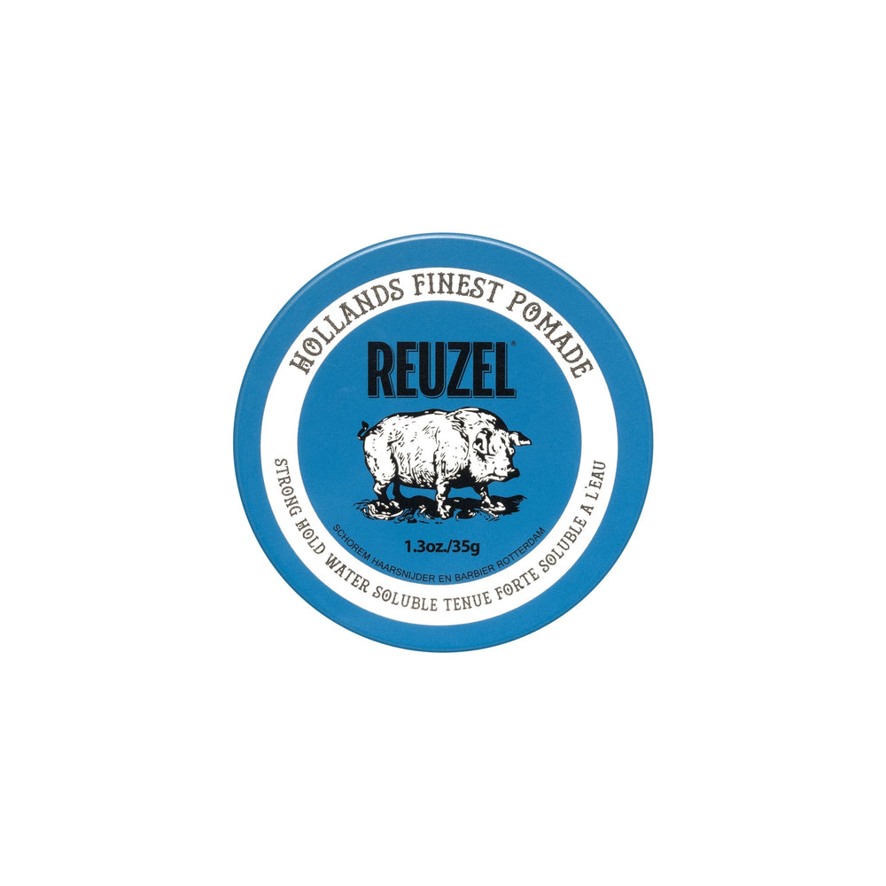 REUZEL Blue Pomade tin front showing label and easy-to-open lid for quick styling