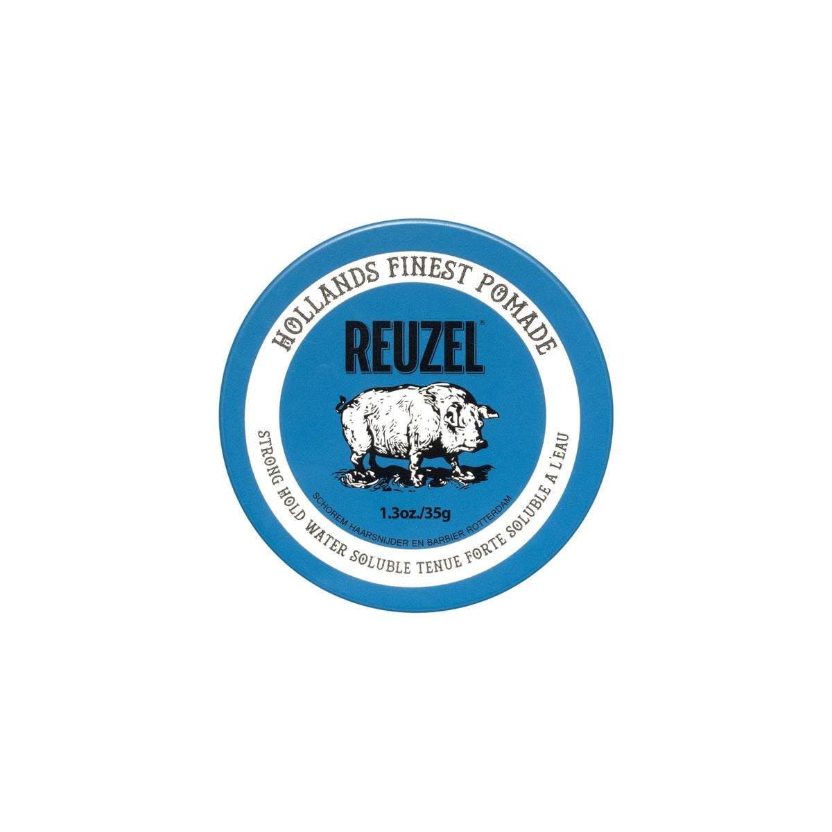 REUZEL Blue Pomade tin front showing label and easy-to-open lid for quick styling