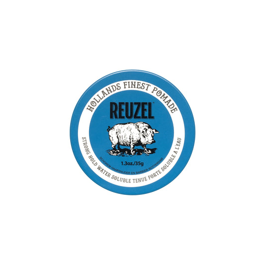 REUZEL Blue Pomade tin front showing label and easy-to-open lid for quick styling