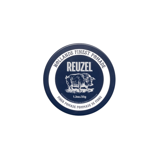 REUZEL front can of fiber pomade showing label and vanilla mint scent, highlights easy handling