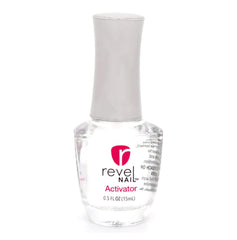 Revel Nail activator front bottle showing label and compact 0.5 oz size for easy storage