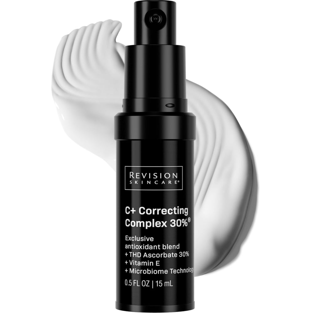 Revision Skincare front bottle view showing sleek serum packaging and results