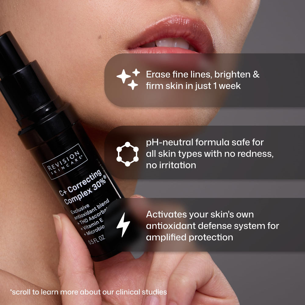 Revision Skincare serum paired with sunscreen to show daytime antioxidant layering benefit