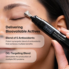 Revision Skincare D·E·J Eye Cream staged in bathroom mirror lifestyle shot conveying daily routine