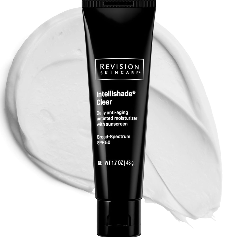 Revision Intellishade clear front tube showing product packaging and benefits
