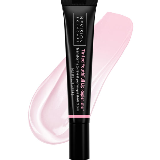 Revision Skincare front view of tinted YouthFull Lip Replenisher showing compact tube and brand