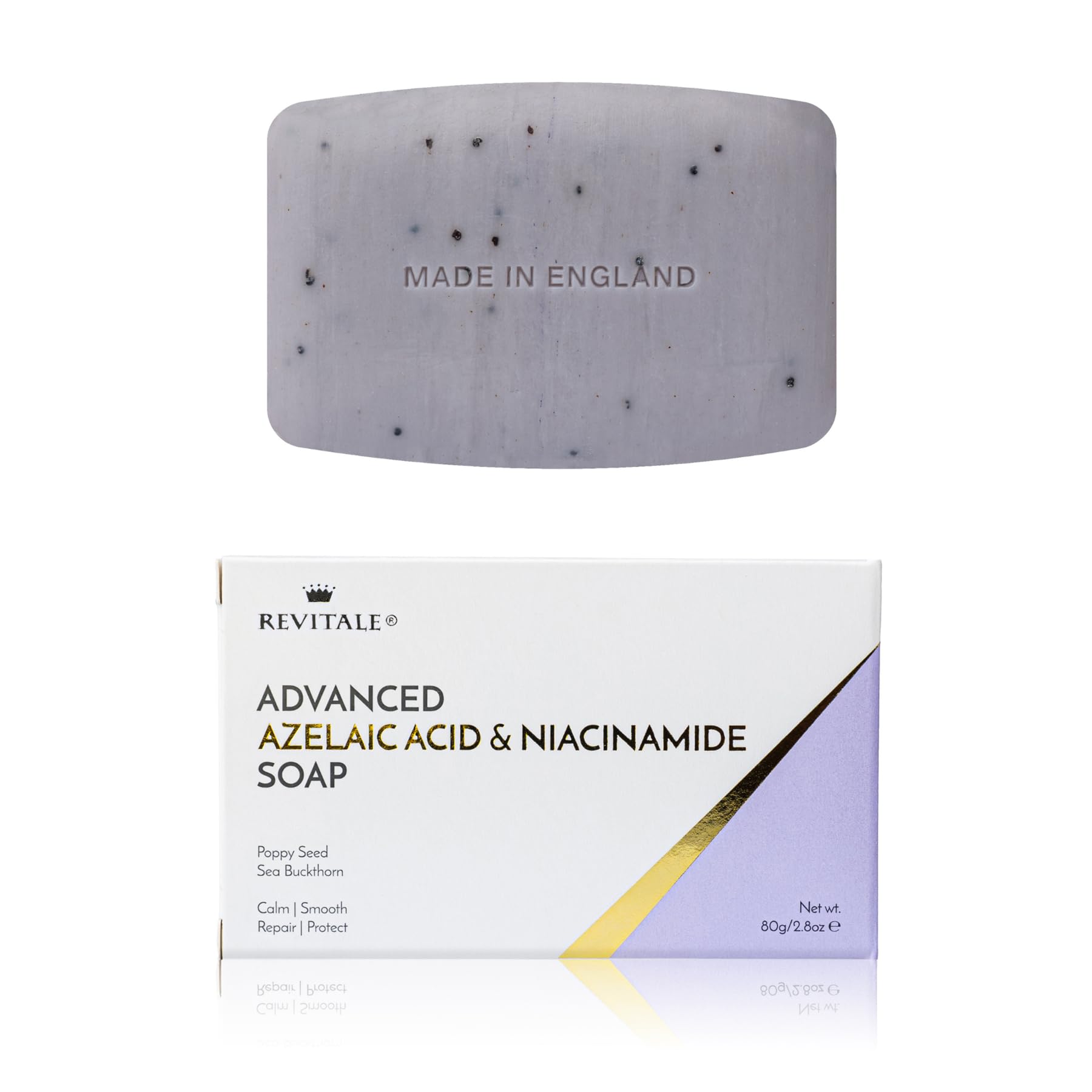REVITALE front packaging showing calming cleansing bar and benefits