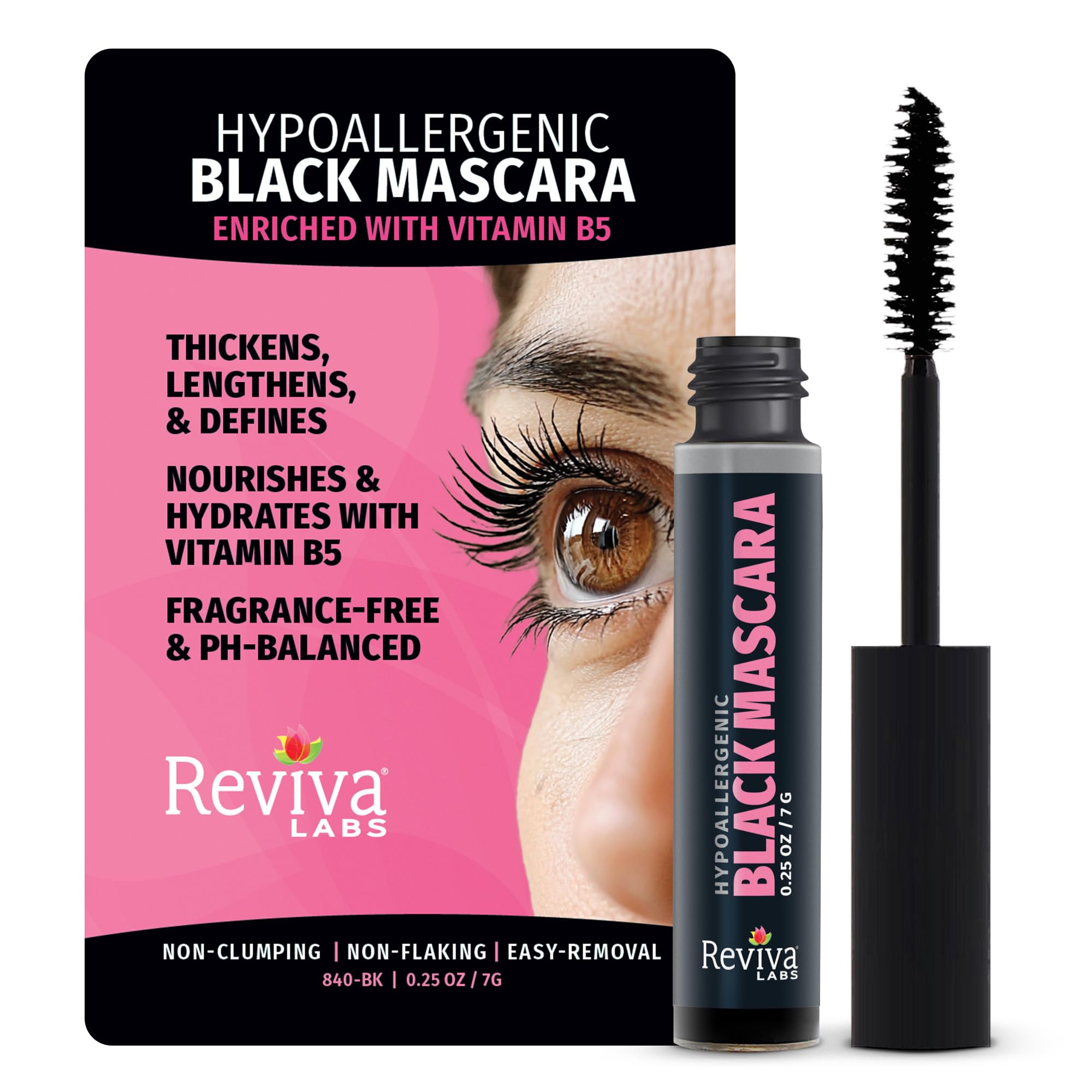 Reviva Labs black mascara front packaging showing product benefit of gentle formula
