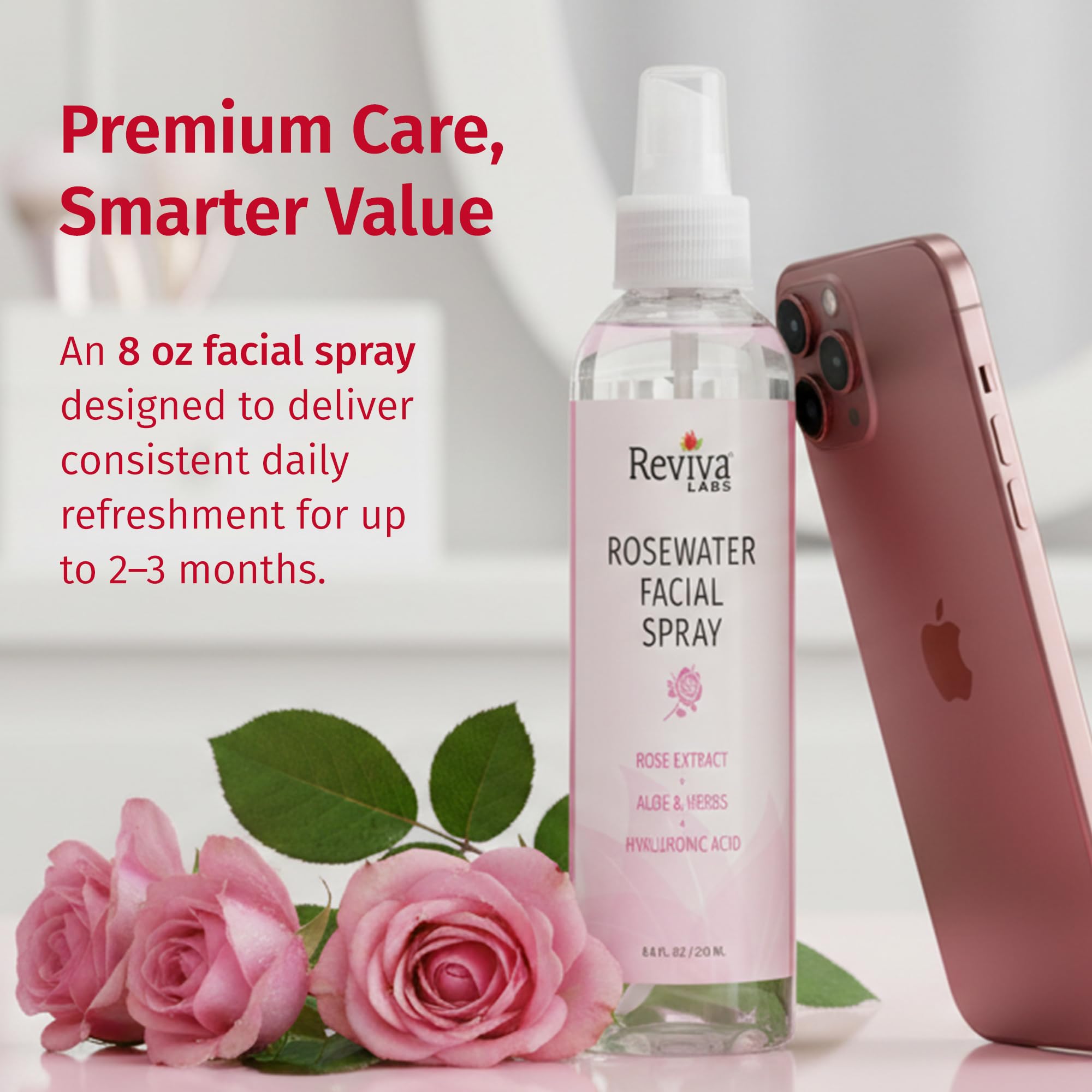 Reviva Labs bottle staged on bathroom counter suggesting daily skincare routine