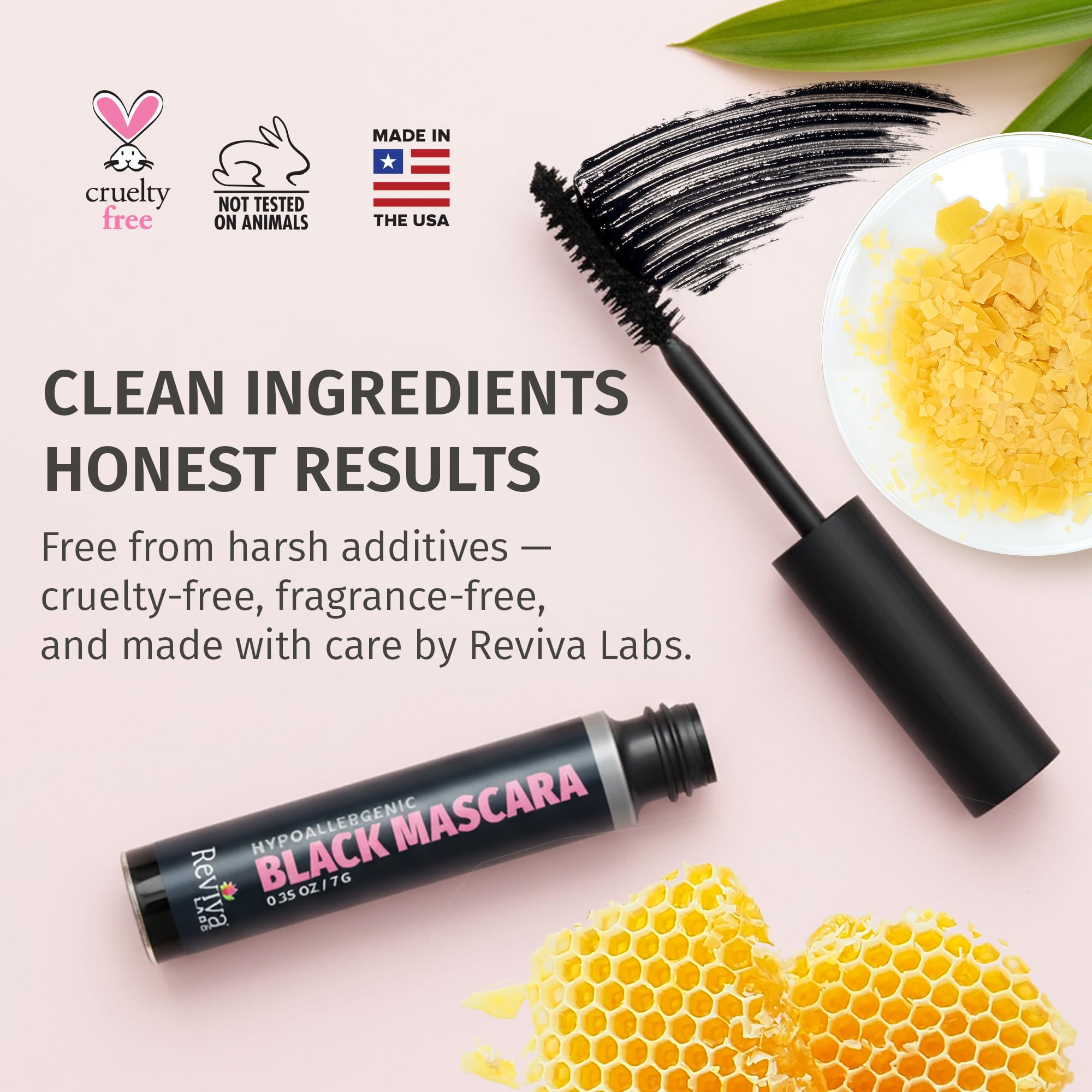 Reviva Labs mascara beside ruler showing compact .25 oz size and travel convenience