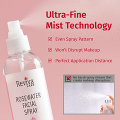 Reviva Labs mist spraying on model’s face providing instant refreshing hydration