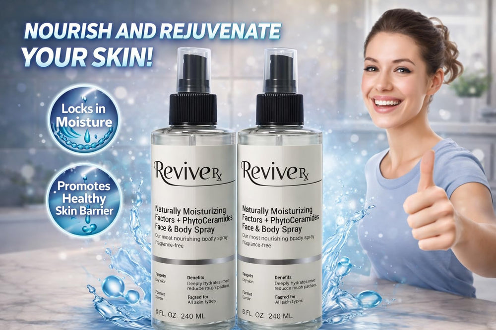 Revive Rx mist applied to forearm demonstrating quick absorption and soothing hydration