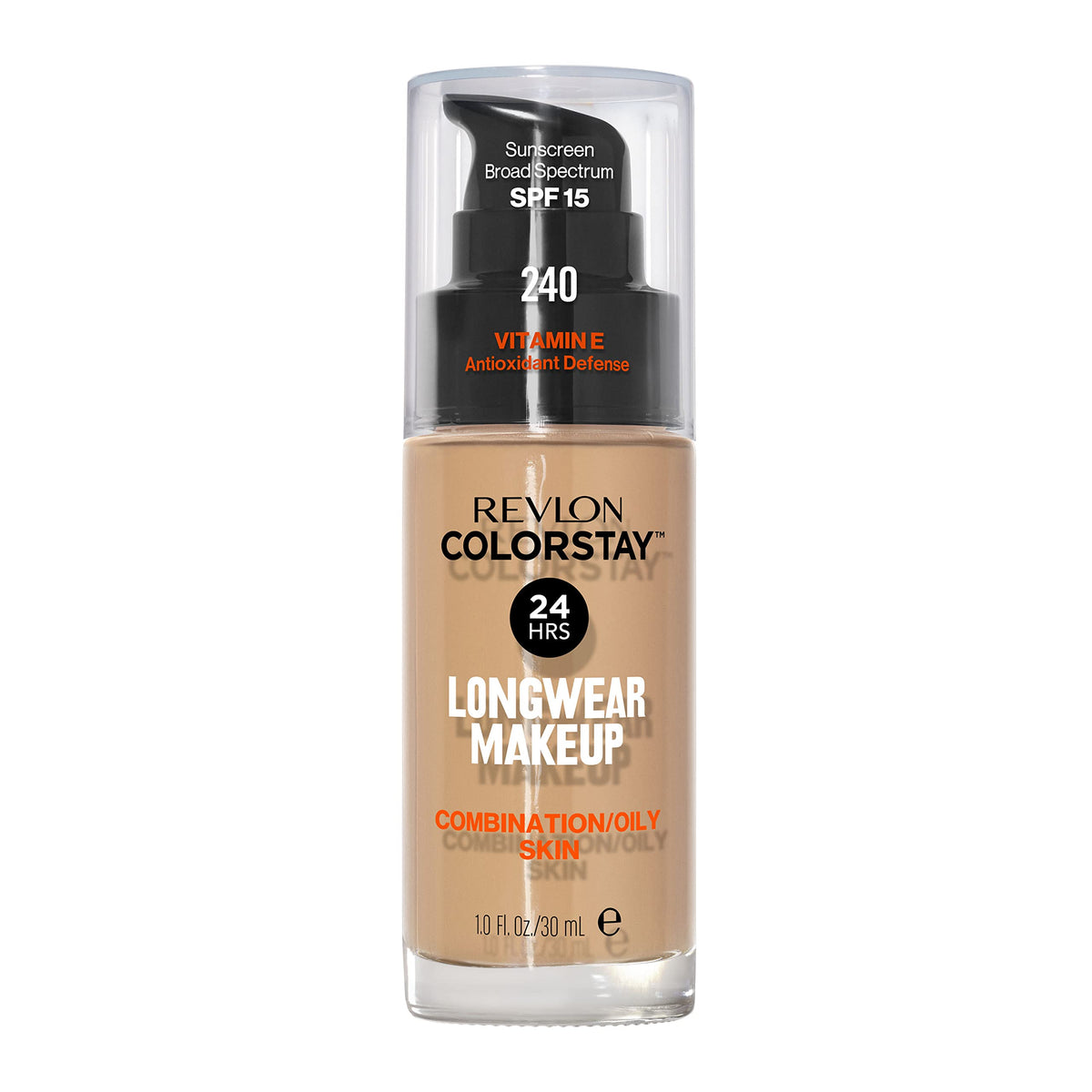 Revlon bottle front packaging showing shade 240 Medium Beige and benefit longwear