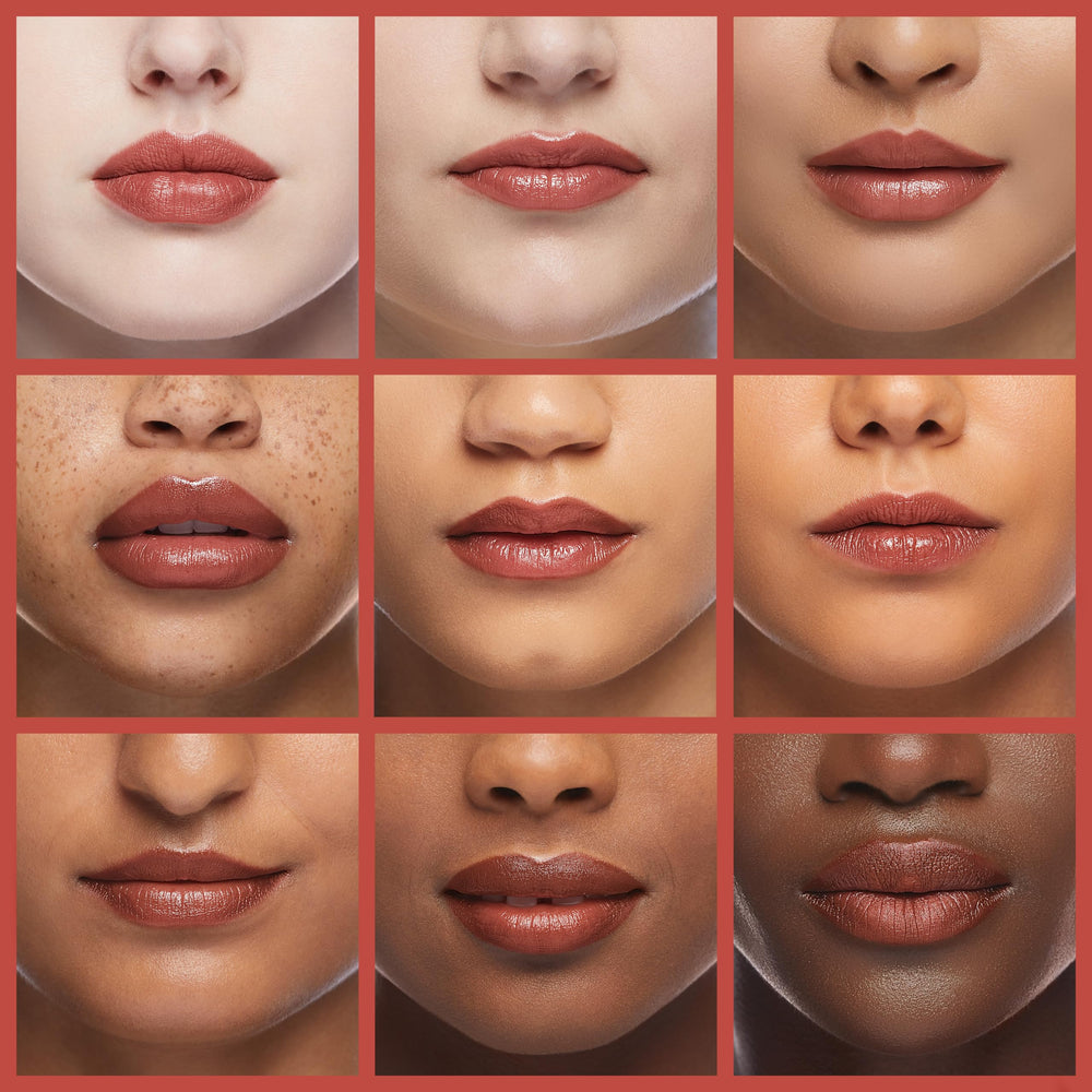 Revlon Abstract Orange lip swatch on model showing warm tone and natural luminous finish