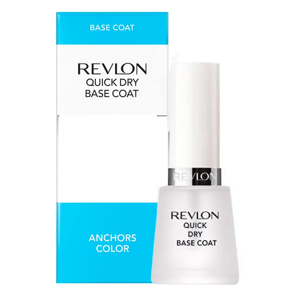 Revlon base coat front bottle showing clear glass and label, ensures smooth foundation