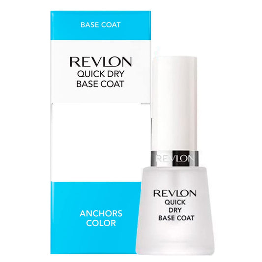 Revlon base coat front bottle showing clear glass and label, ensures smooth foundation