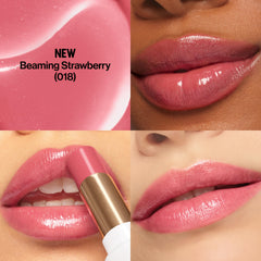 REVLON swatch on skin showing sheer strawberry tint and buildable color benefit