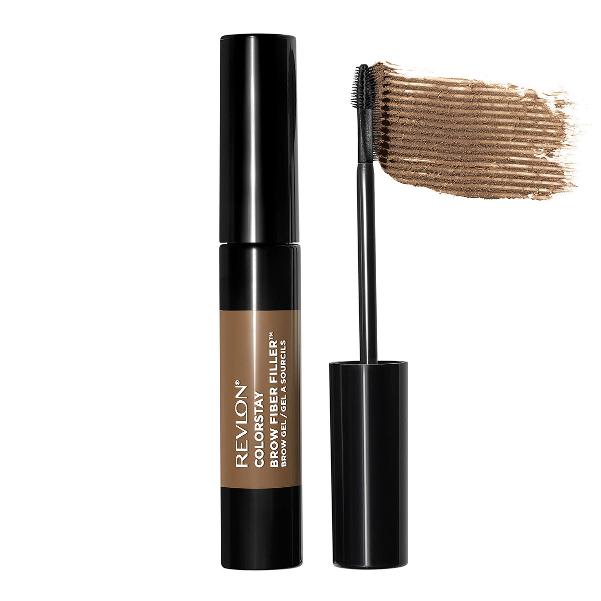 Revlon brow fiber filler front packaging showing product benefits