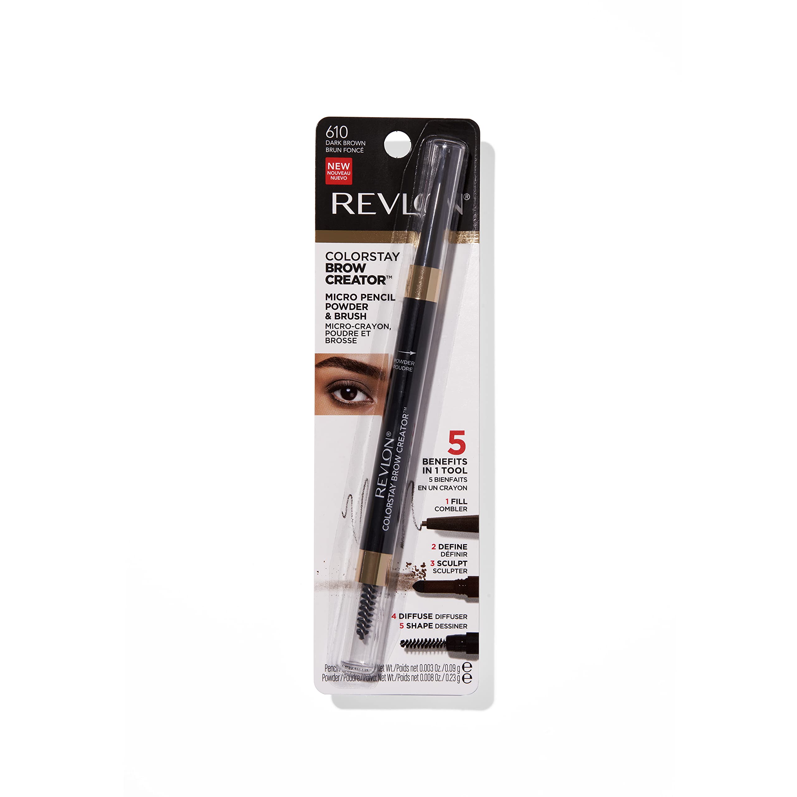 Revlon ColorStay Brow Creator next to coin size comparison illustrating compact travel-friendly design