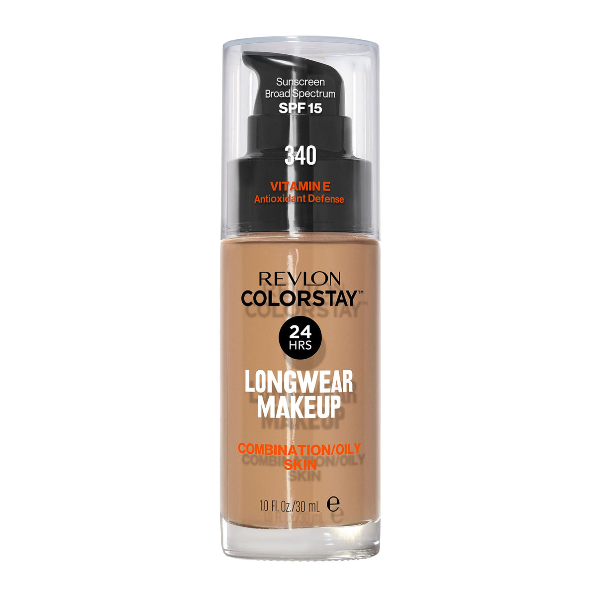 Revlon bottle front portrait showing ColorStay 340 Early Tan and label benefit