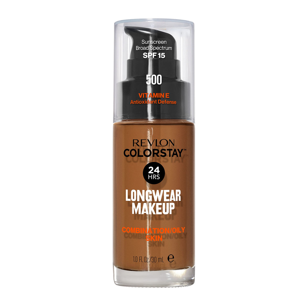 Revlon ColorStay front bottle in Walnut 500 showing packaging and shade