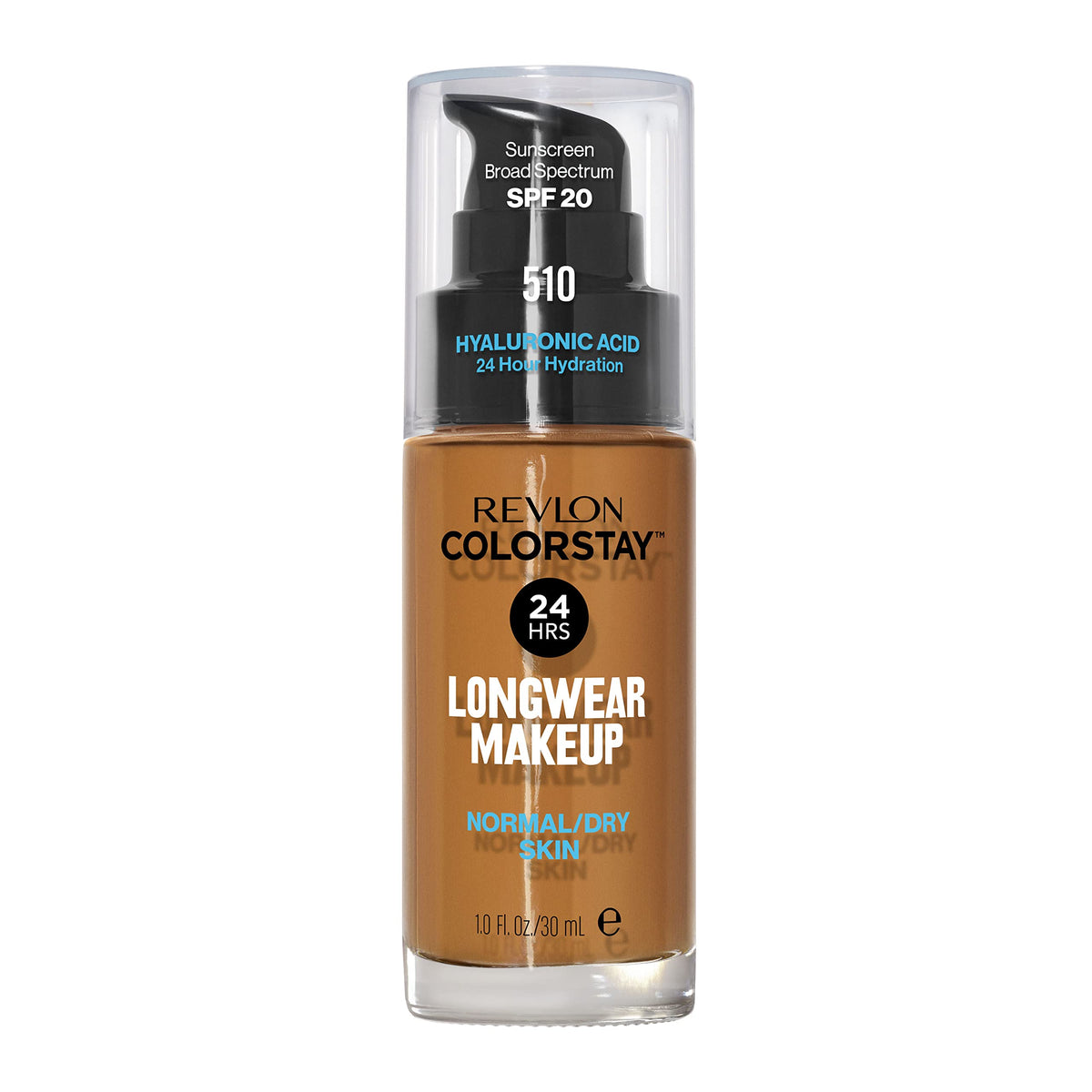 Revlon bottle front packaging showing 510 Pecan and benefits