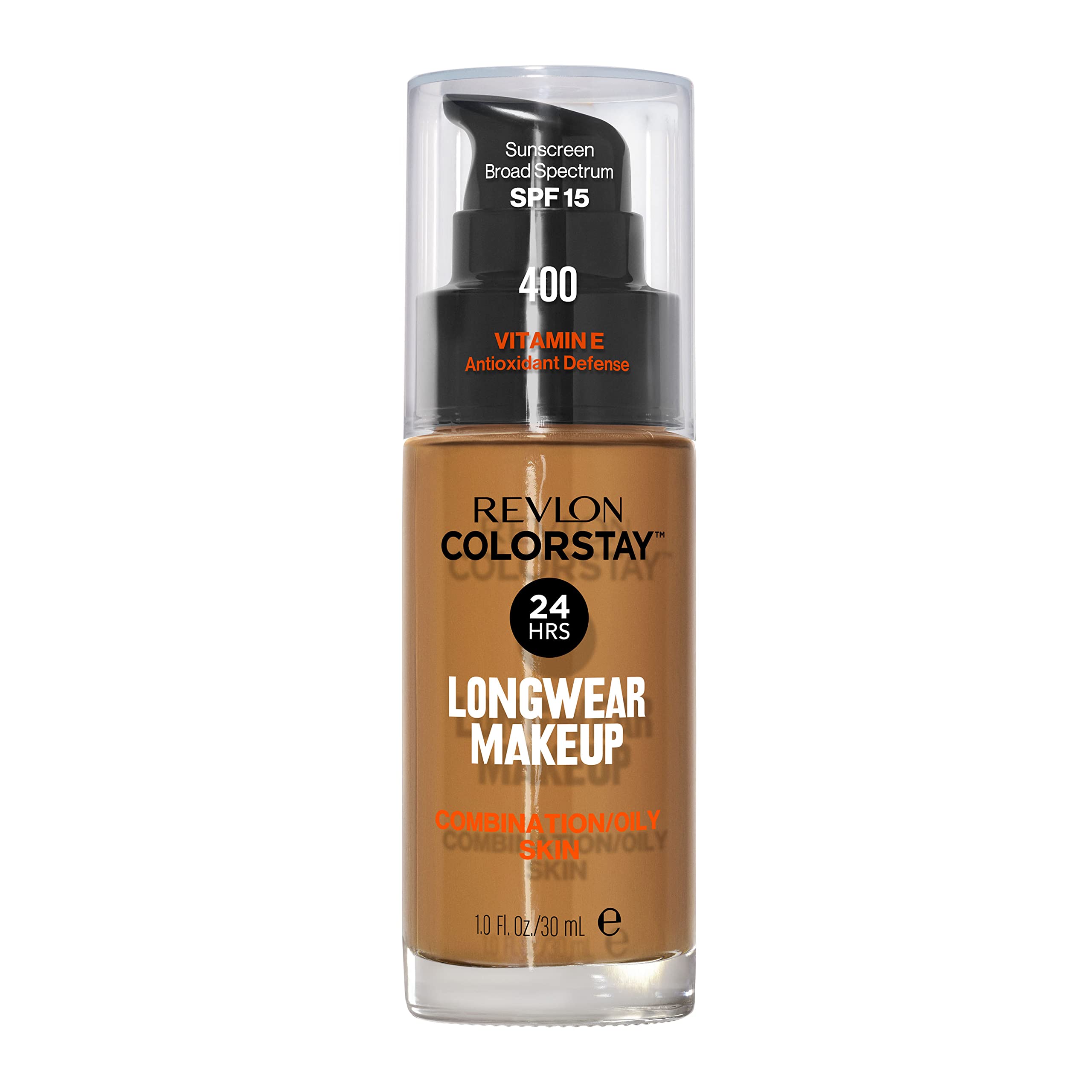 Revlon ColorStay front packaging showing shade 400 Caramel and benefits