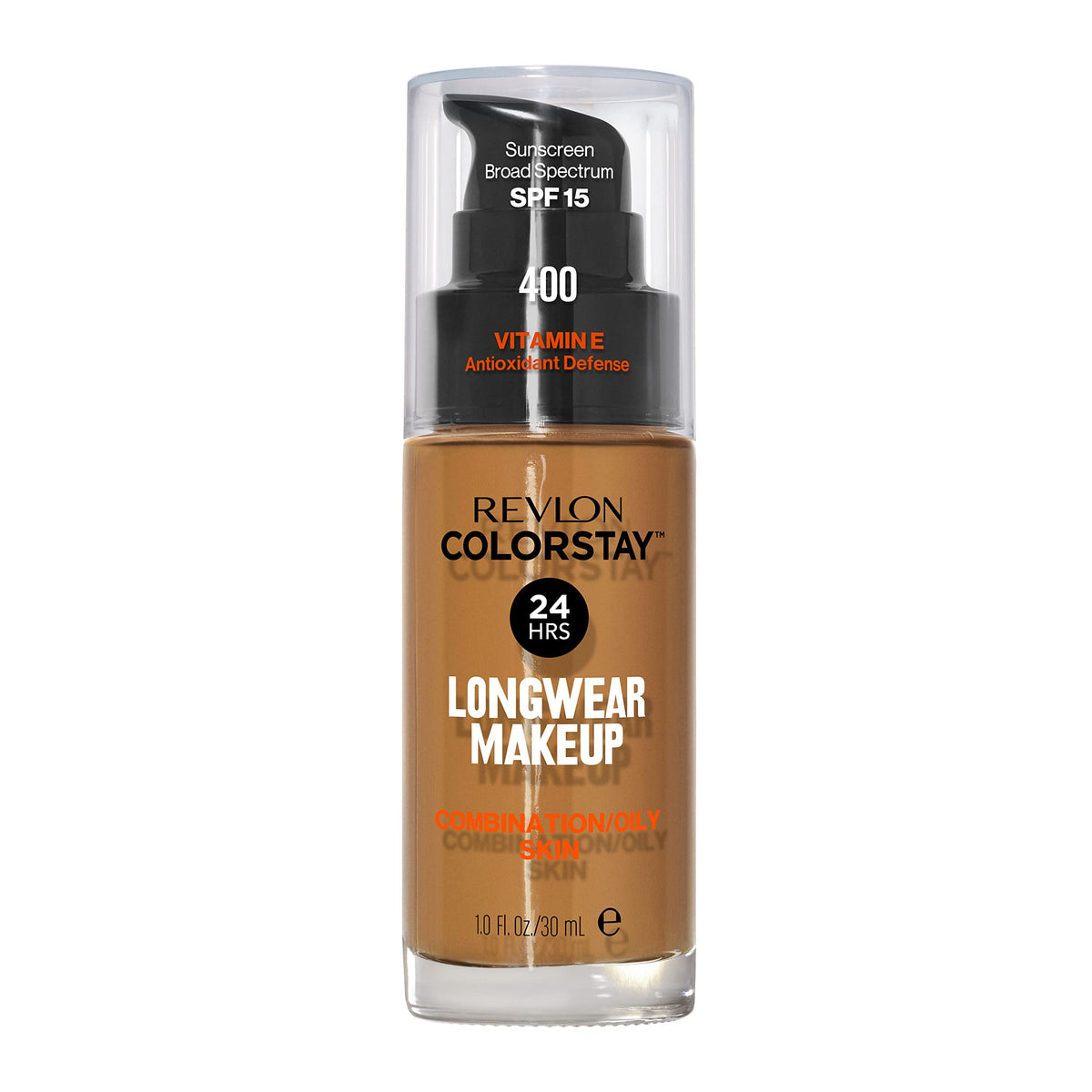 Revlon ColorStay front packaging showing shade 400 Caramel and benefits