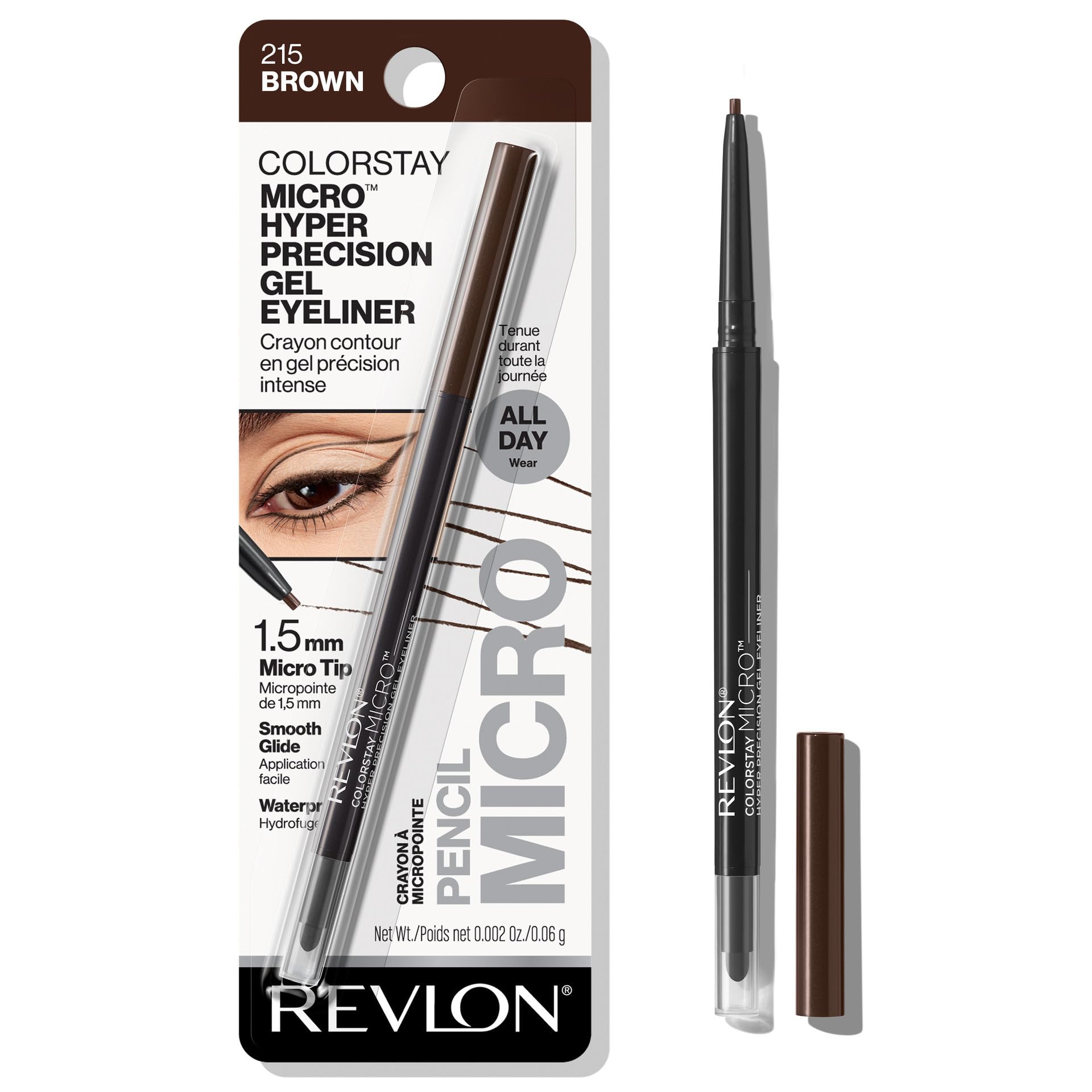 REVLON front packaging showing product and shade 215 brown benefit: clear identification