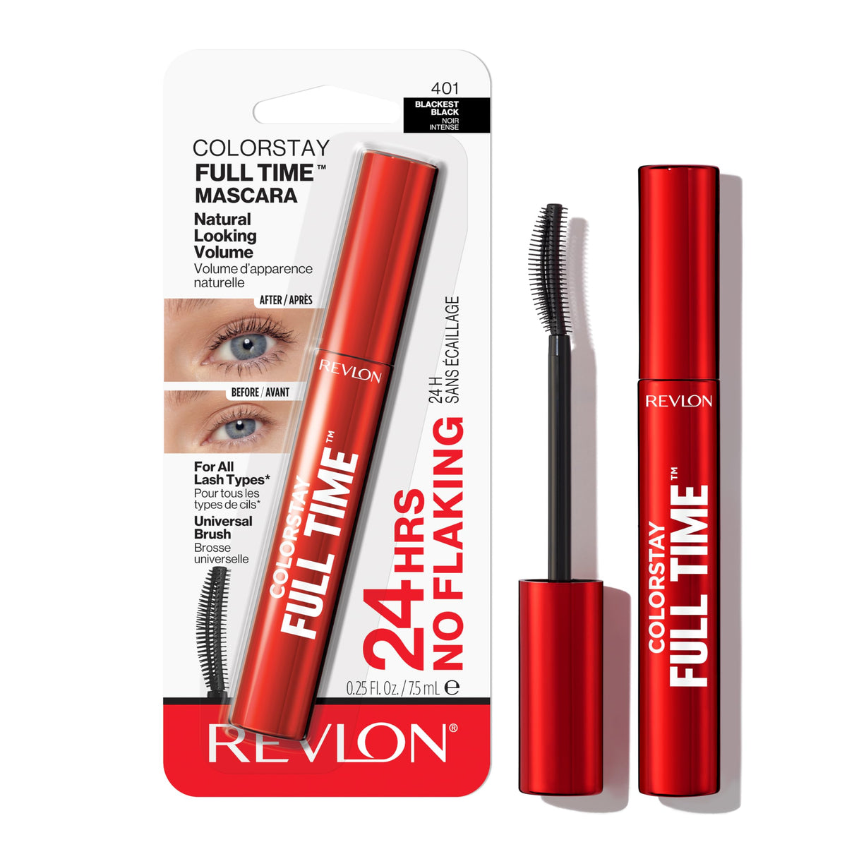 Revlon front packaging showing shade 401 Blackest Black and benefits