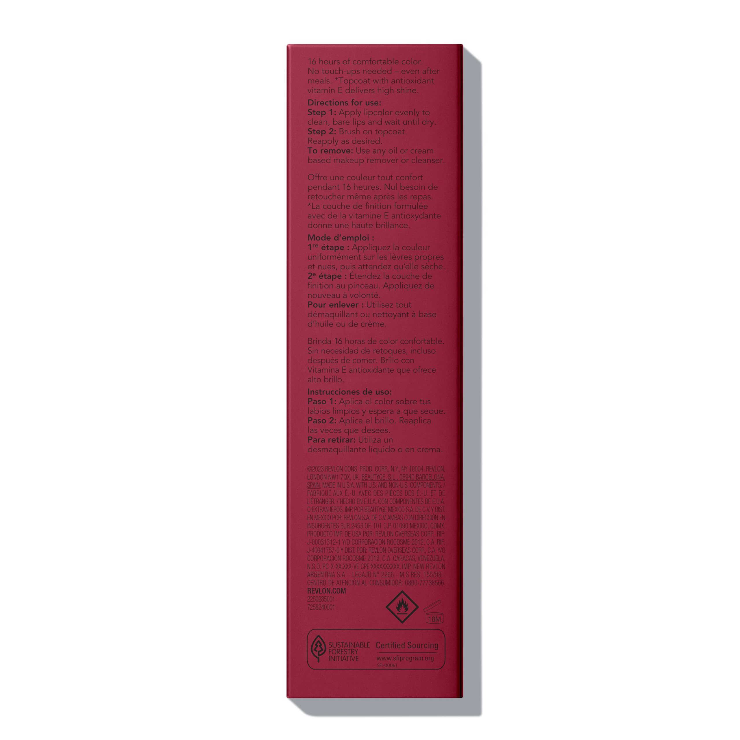 Revlon ColorStay ingredient panel photo highlighting vitamin E and chamomile benefits