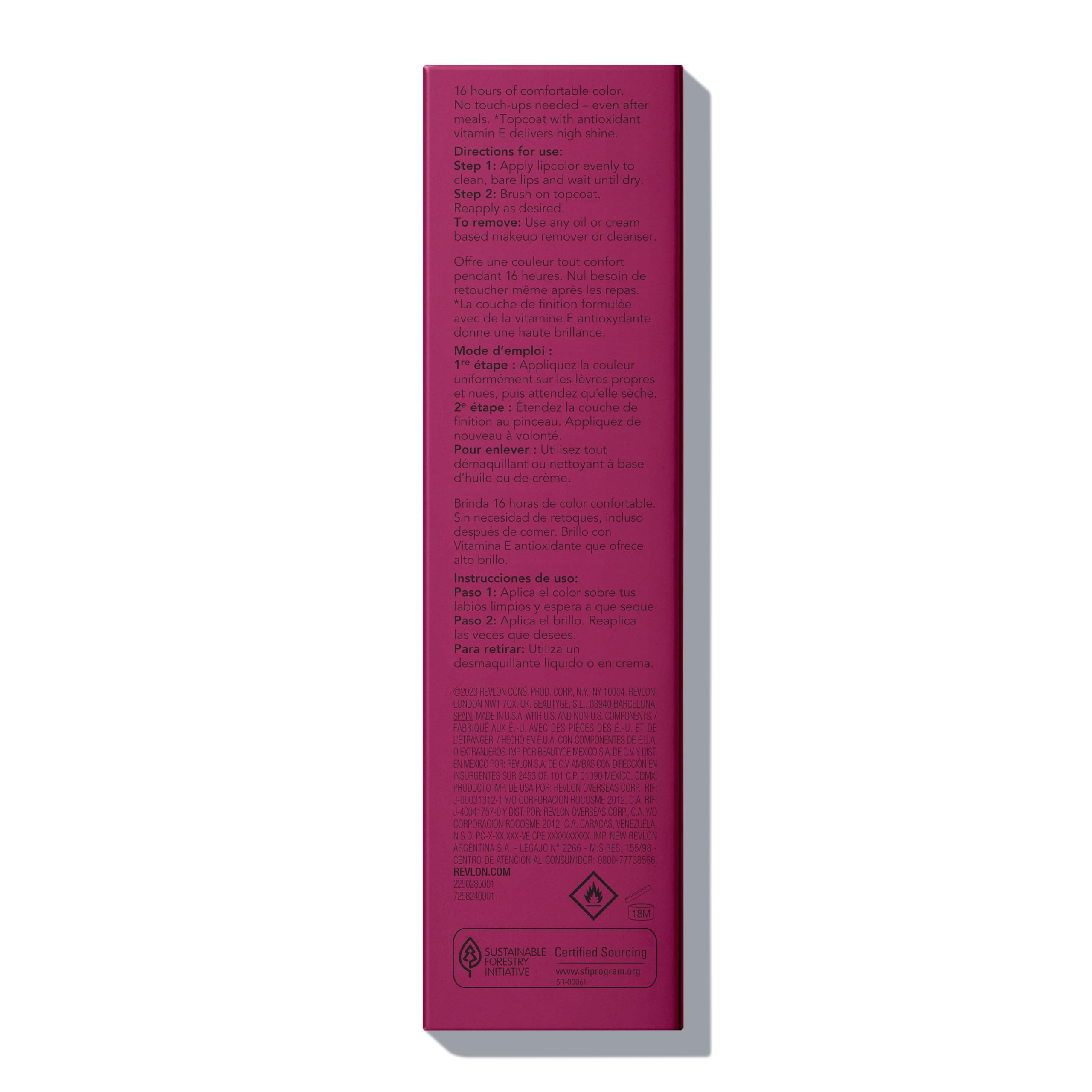 Label shot of Revlon listing vitamin E, chamomile, soy extract for lip comfort