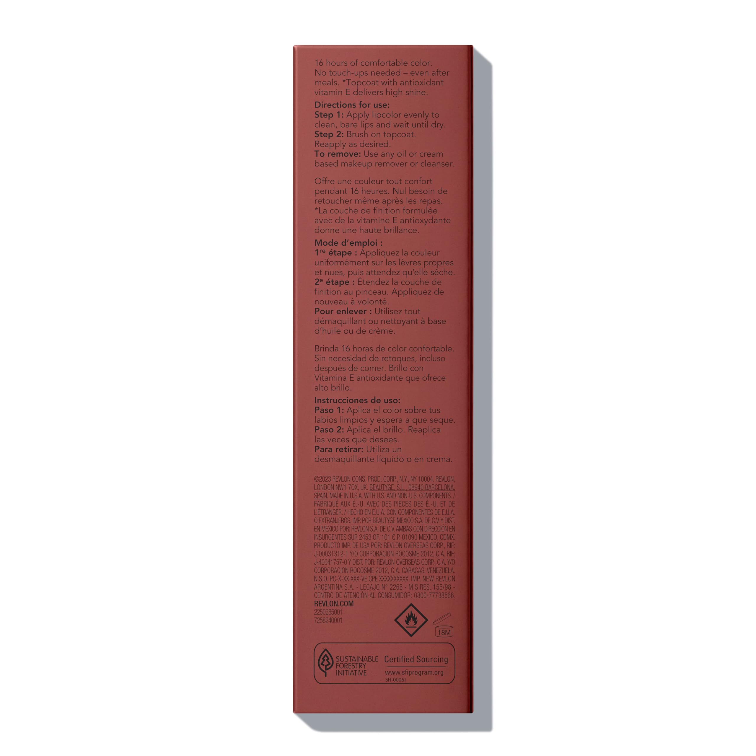 Revlon ColorStay label detail highlighting vitamin E, chamomile and soy extract