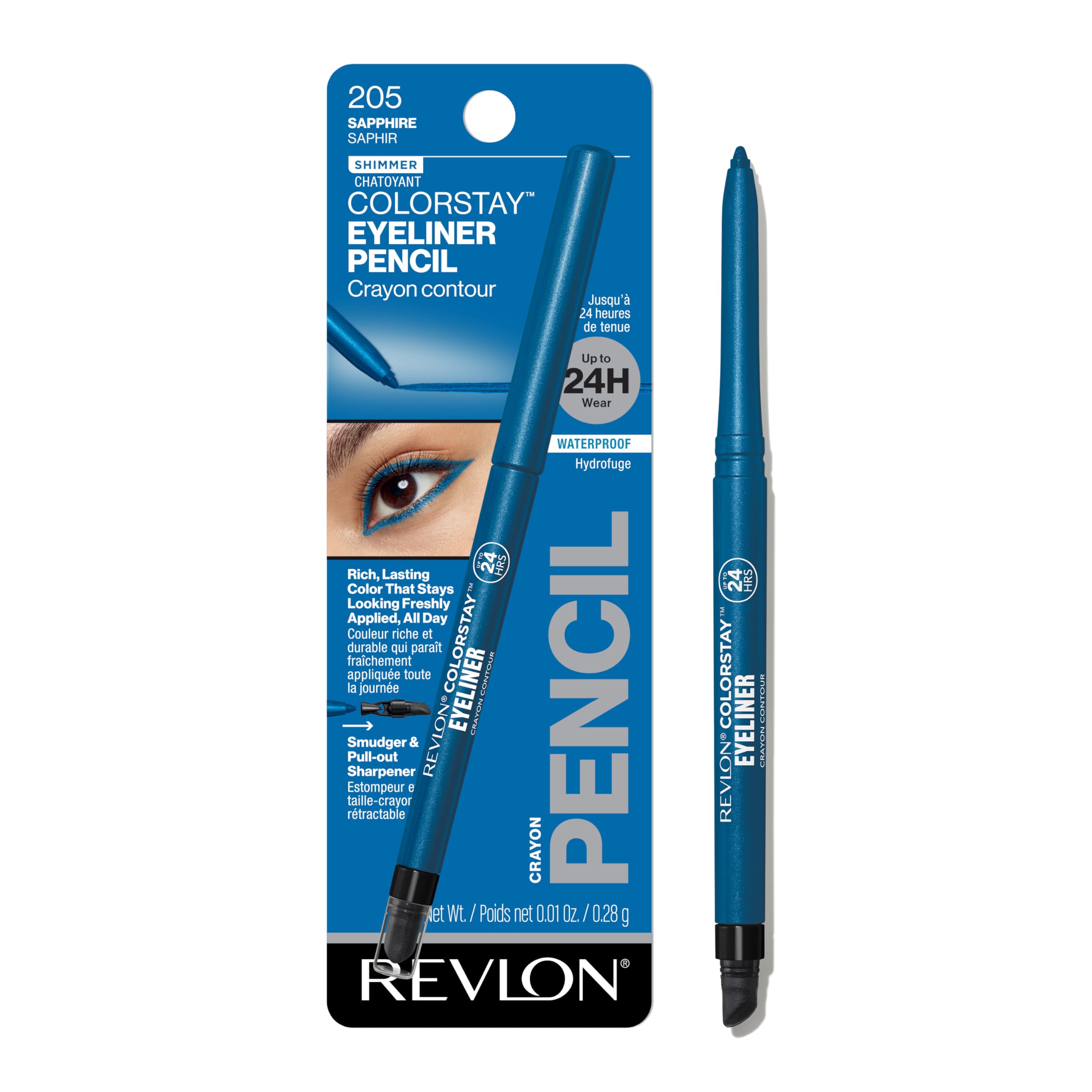 REVLON pencil front packaging showing 205 Sapphire and long-wear benefit