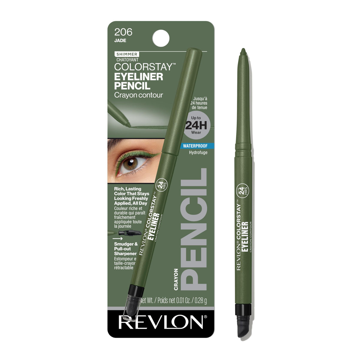 Revlon ColorStay pencil front packaging showing shade and shimmer benefit