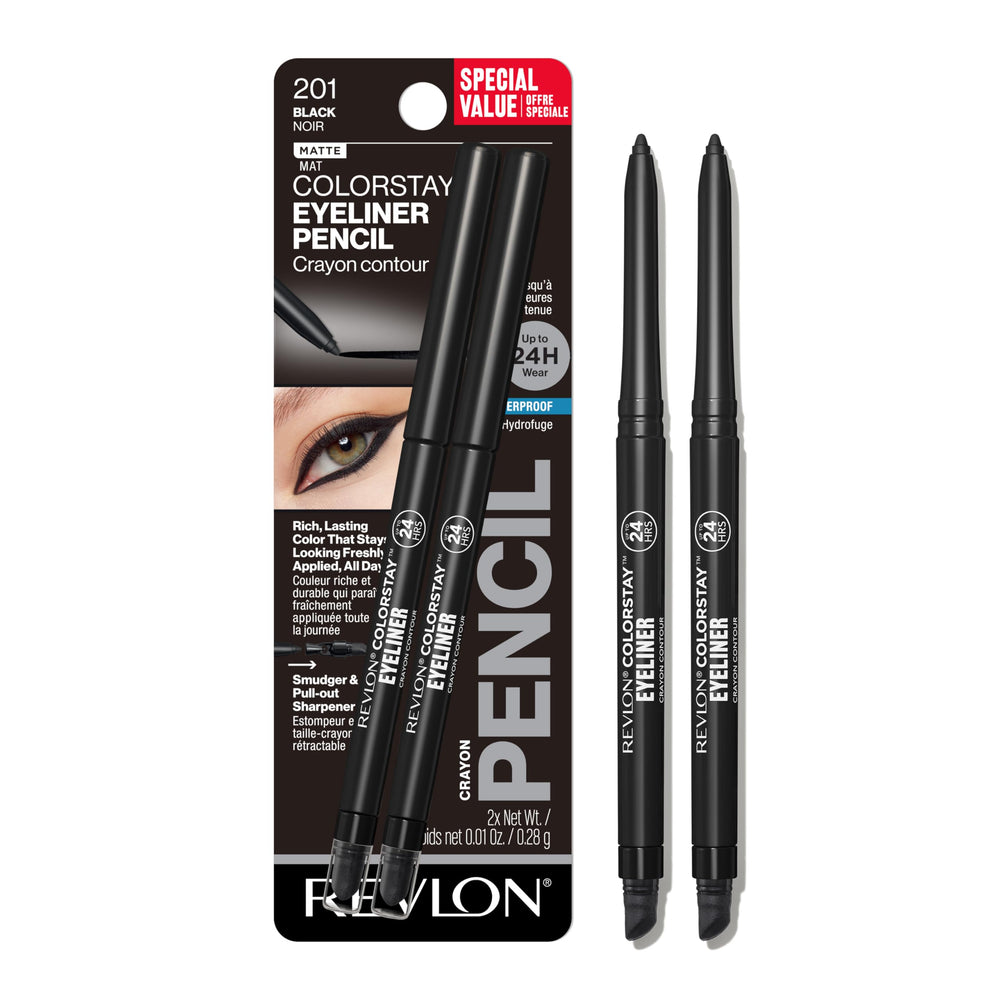 Revlon ColorStay front packaging showing product benefits and black shade
