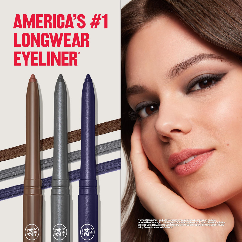 Model applying Revlon ColorStay pencil to upper lashline for defined eyes