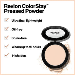 Revlon ColorStay open pan in 375 Toffee showing powder shade and finish benefit