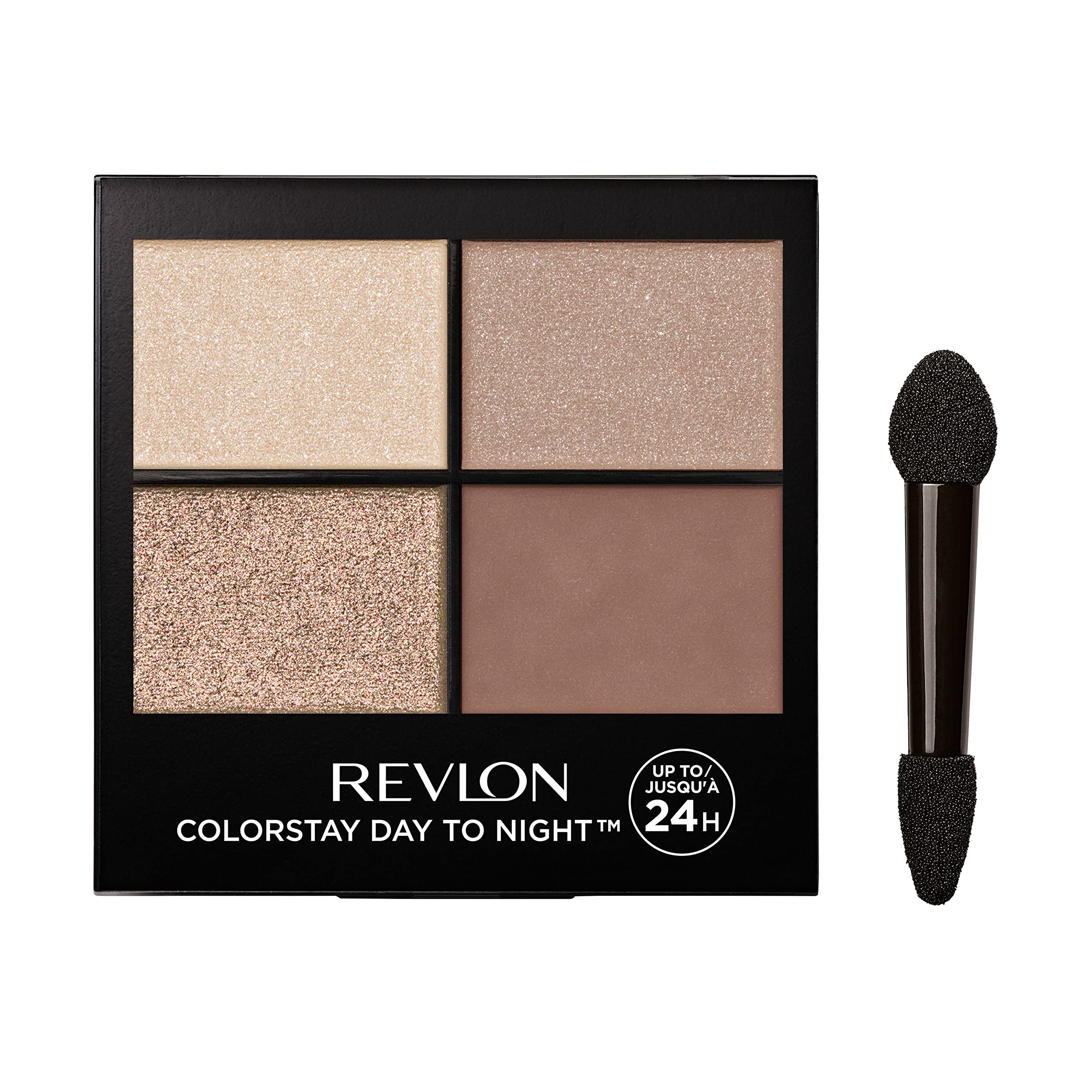 Revlon ColorStay quad front packaging showing compact portability and shade preview