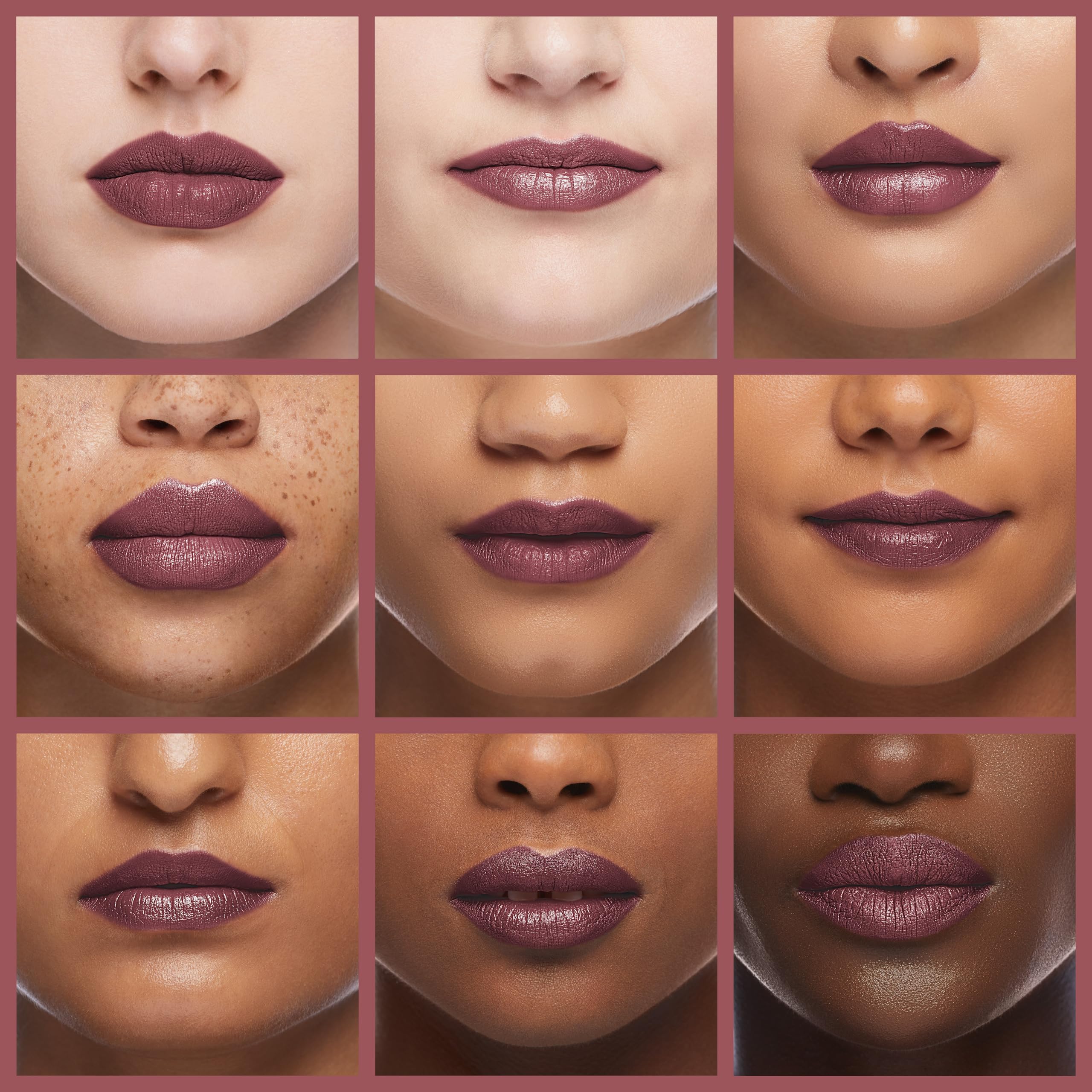 Revlon lip swatch on model illustrating flattering Royal Raisin color payoff