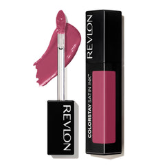 Revlon ColorStay Satin Ink front packaging showing bold purple shade benefit longwear