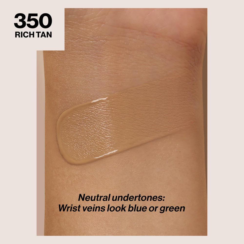 Revlon ColorStay shade swatch 350 Rich Tan on arm, clear color match benefit