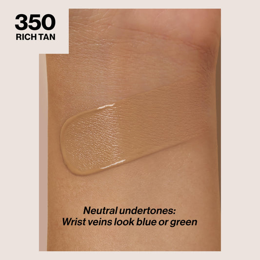 Revlon ColorStay shade swatch 350 Rich Tan on arm, clear color match benefit