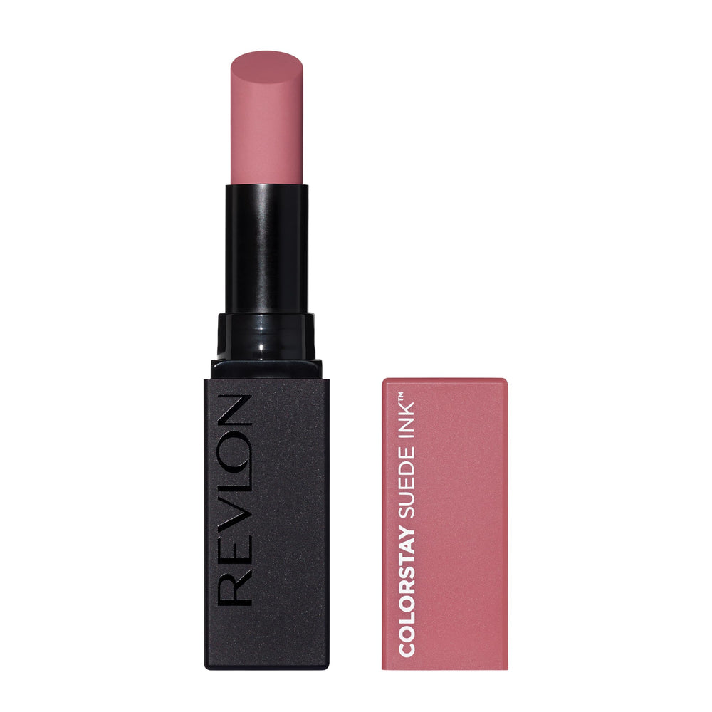 Revlon ColorStay Suede Ink front packaging showing shade and logo benefit long wear